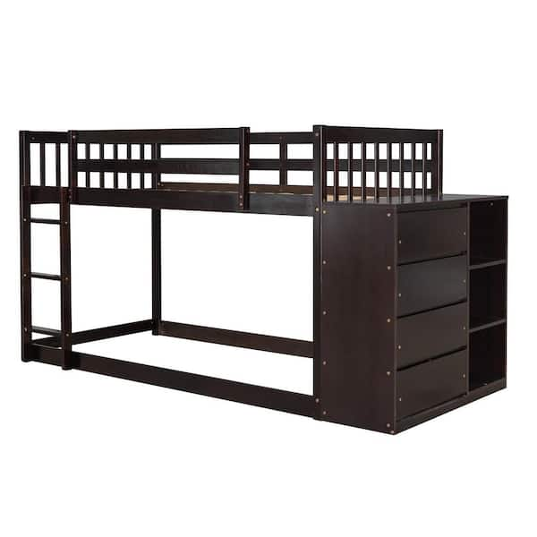 ANBAZAR Brown Twin Over Twin Kids Wood Bunk Bed Frame with Storage ...