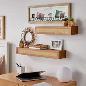 Natural Wood Floating Wall Shelves with Rattan Caning Detail (Set of 2)