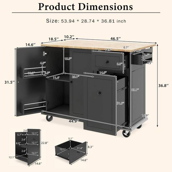 Black Rubberwood Drop Leaf 54 in. Kitchen Island Cart with 3-Tier Pull Out Cabinet Organizer and Internal Storage Rack