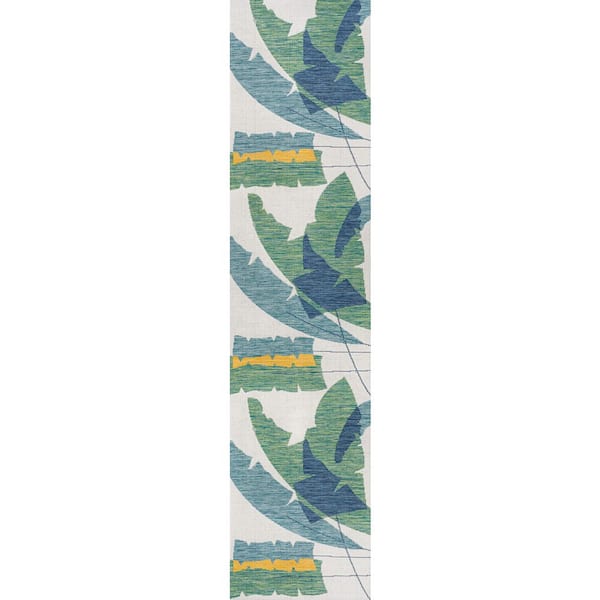 Shelby Coastal Vintage Abstract Palm Leaf Green/Cream 2 ft. x 8 ft. Indoor/Outdoor Runner Rug