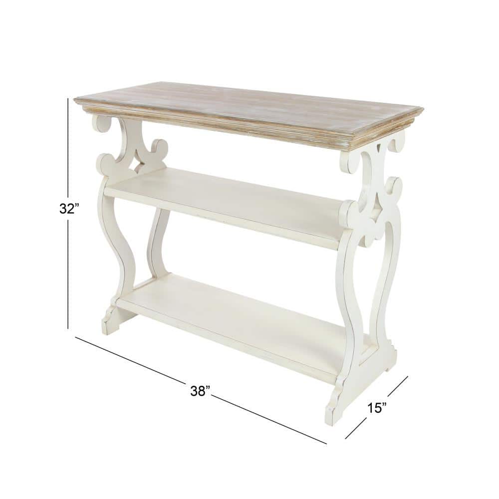 Cottage Charm White and Natural Wood 2-Tier Console Table with Storage