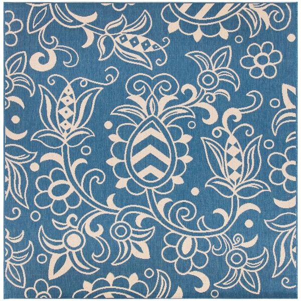 SAFAVIEH Beach House Blue/Beige 7 ft. x 7 ft. Square Abstract Medallion Indoor/Outdoor Area Rug