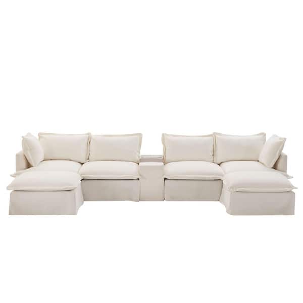 anpport Luxury Collection 131 in. Flared Arm 6-Piece U-Shaped Chenille Sectional Sofa in. Beige with Charging Station & Storage