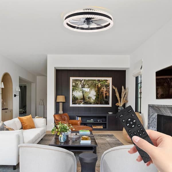 20 in. Elegant Indoor Black LED Ceiling Fan Light, Double Ring Flush Mount Dimmable Ceiling fan for Bedroom