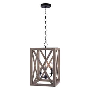 60-Watt 3-Lights Matte Black and Anchor Grey Oak Finished Cage Design Pendant Light Without Shade and Bulbs