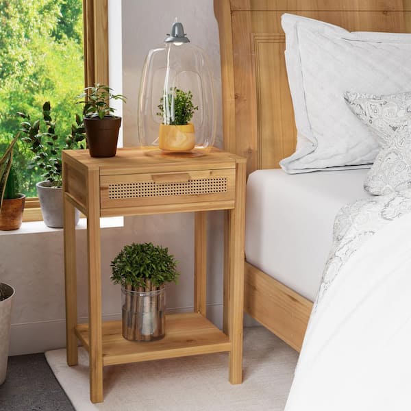 FUIN Farmhouse One Drawer Natural Brown Nightstand with Rattan Front 17.5"W x 14"D x 26.5"H.