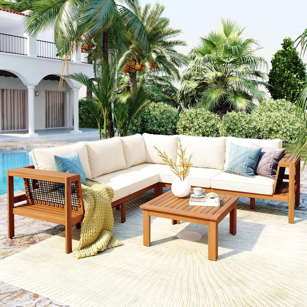 4-Piece Teak Wood Outdoor Sectional Set with Beige Cushions, Outdoor Conversation Set, Patio Sofa Set price history on PriceWatchPro