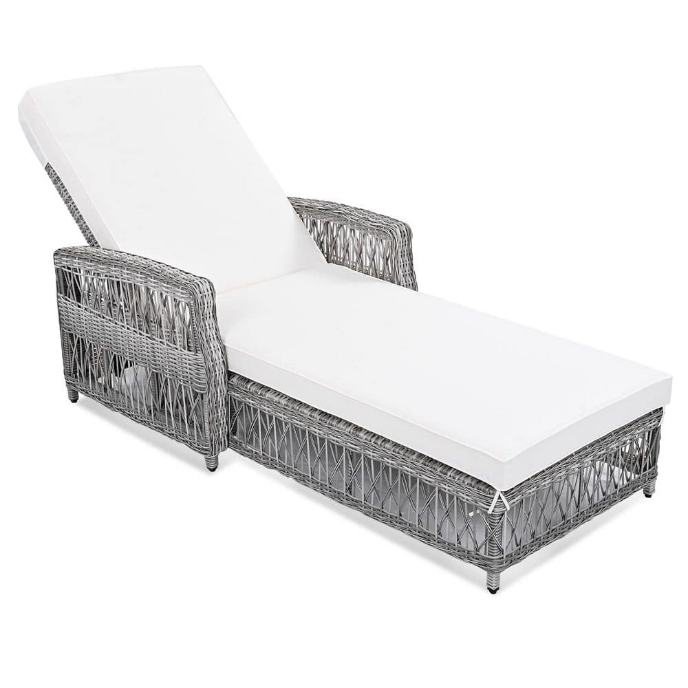 Gray Wicker Outdoor Long Chaise Lounge, Patio Adjustable Recliner with Soft