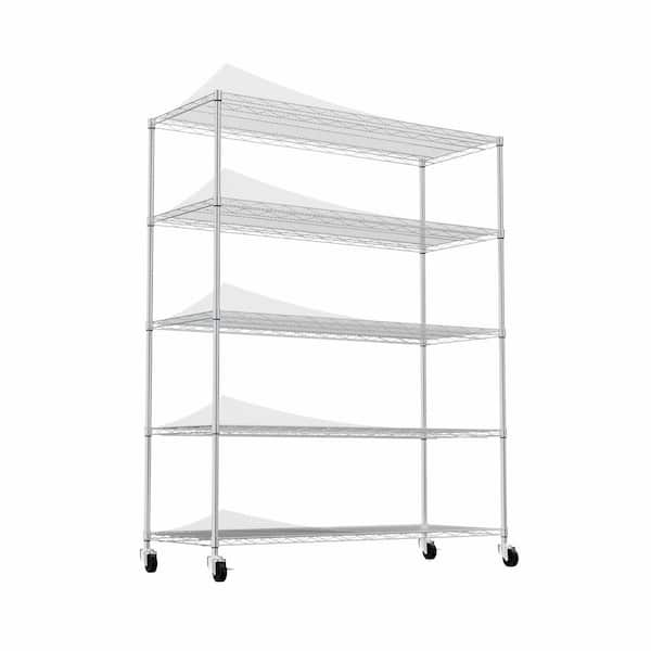 5-Tier Heavy-Duty Adjustable Shelving and Racking, 300 lbs. Per Wire Shelf, With Wheels and Shelf Liners in Silver