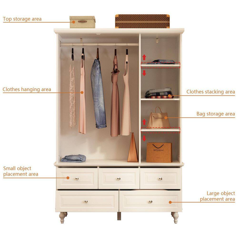 White Paint Big Wardrobe Armoires W/Mirror, Hanging Rod, Drawers, Adjustable Shelves 70.9 in. H x 47.2 in. W x 20 in. D - thumbnail 8