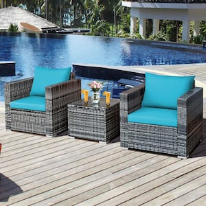 Gray 3-Piece Wicker Square 16 in. Outdoor Bistro Set with Turquoise Cushions
