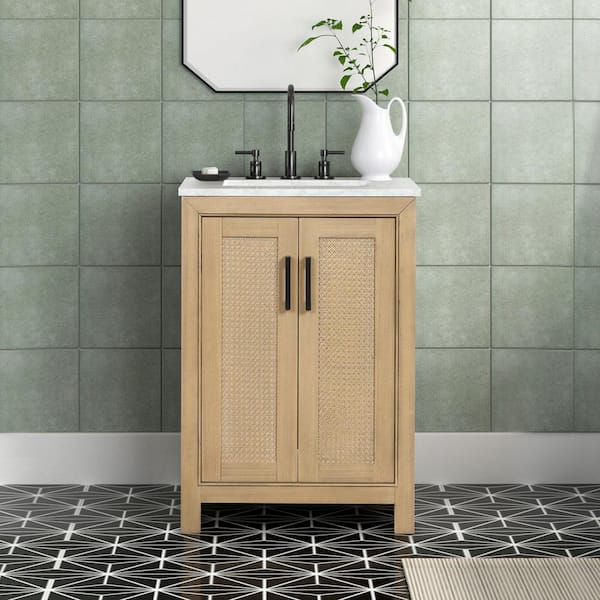 HOMEVY STUDIO Collinsville 24 in. W x 21 in. D x 35 in. H Single Sink Freestanding Bath Vanity in Natural Oak with Carrara Marble Top