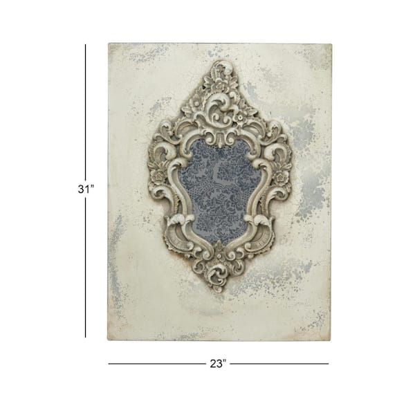 Large Gray and Beige Antique Frame with Damask Print Wooden Wall Art