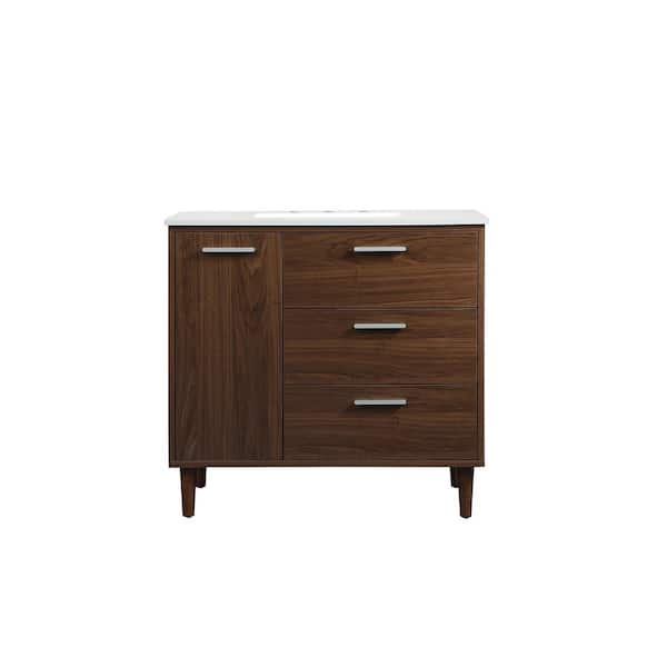 Unbranded Simply Living 36 in. W x 22 in. D x 34 in. H Bath Vanity in Walnut with Ivory White Engineered Marble Top