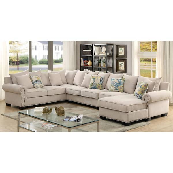 Furniture of America Grathan 153 in. Rolled Arms Polyester U-Shaped Sectional Sofa in Beige with Nailhead Trim