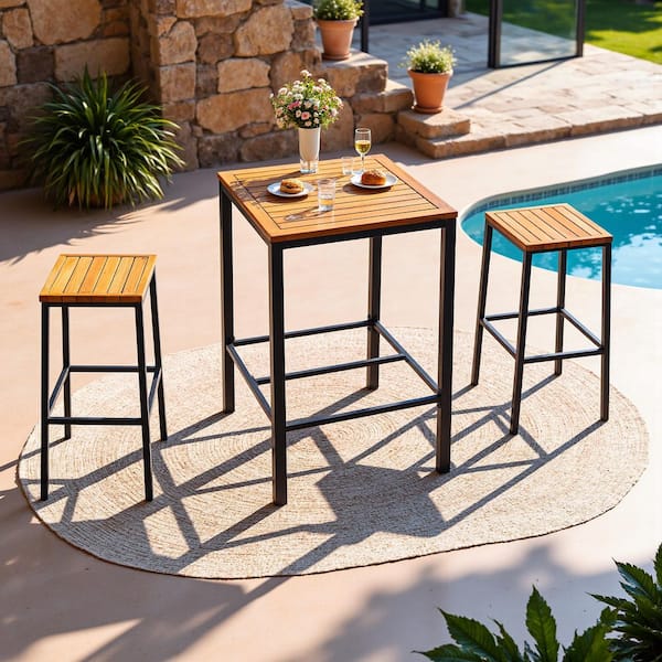 3-Piece Acacia Wood Metal Frame Outdoor Bistro Set