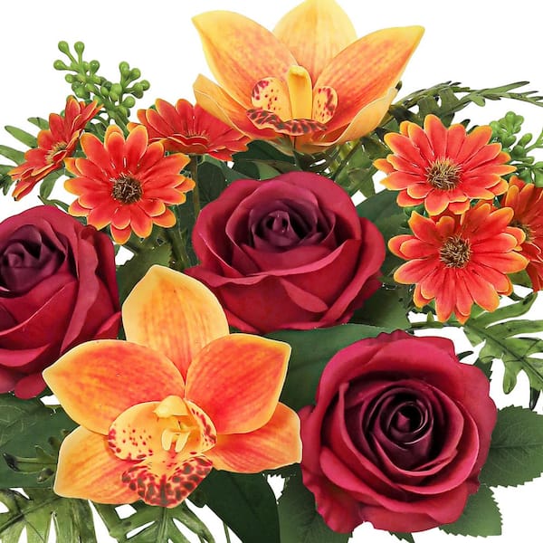 16 in. Red Orange Artificial Mixed Rose Cymbidium Orchid Daisy Flower Stem Bush Bouquet (Set of 2)