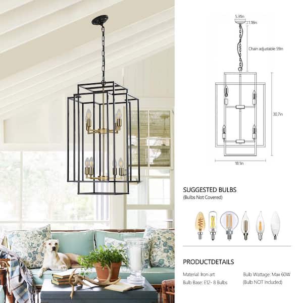18 in. W 8-Lights Chandelier Light Fixtures for Entryway, Foyer, Kitchen Island, Staircase, E12, No Bulbs (Black Gold)