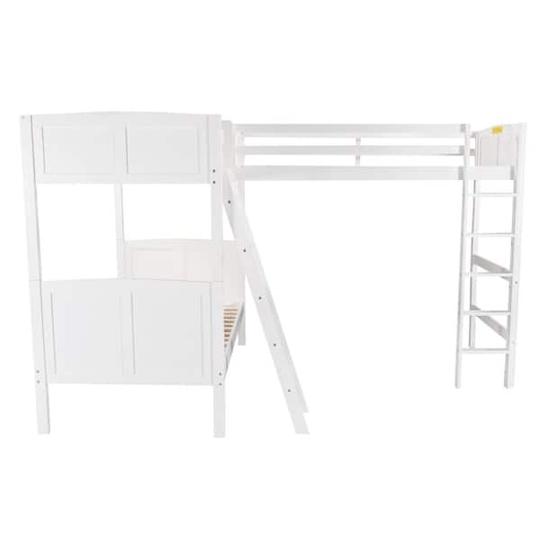 ANBAZAR White Twin Over Twin Size L-Shaped Triple Bunk Beds Wood Bunk Bed with Loft Bed Wood Corner 3-Bunk Bed for Kids