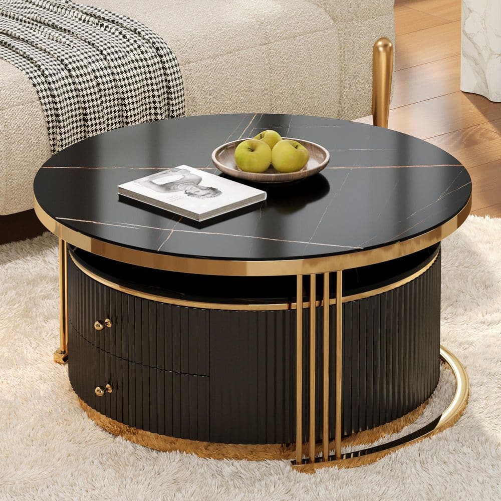 Modern 2 Pieces 27.6 in. Black Round MDF Nesting Coffee Table with ...