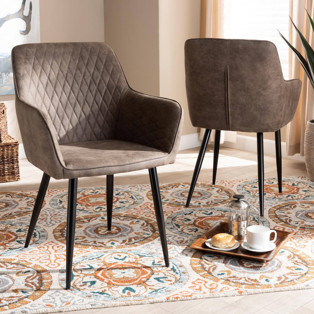 Set of 2 Gray and Brown Quilted Metal Dining Chairs