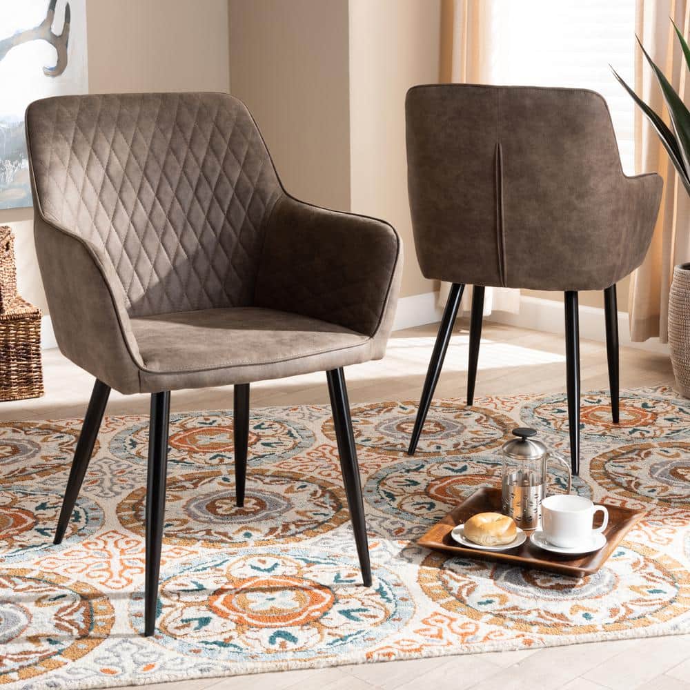 Set of 2 Gray and Brown Quilted Metal Dining Chairs