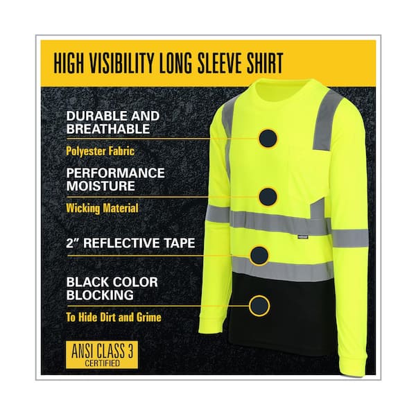 Men's 2X-Large High Visibility Black/Yellow ANSI Class 3 Polyester Long-Sleeve Safety Shirt with Reflective Tape