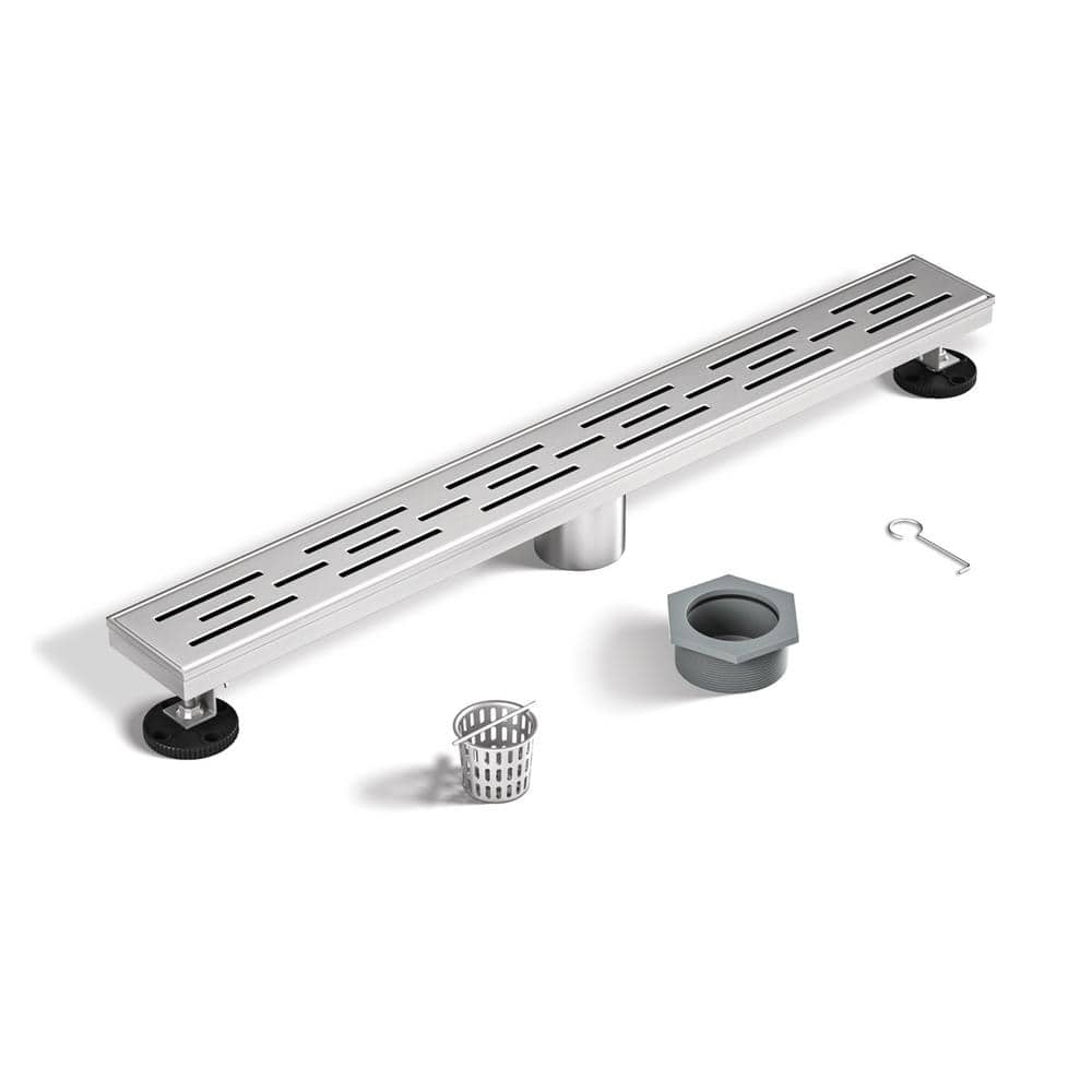 36-Inch Brushed Stainless Steel Linear Shower Drain with Stripe Pattern