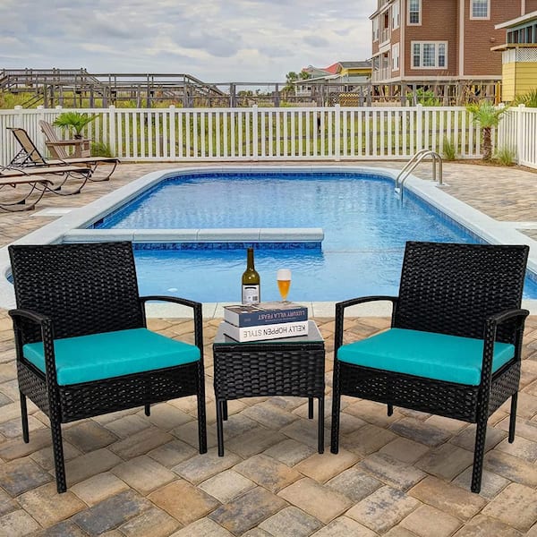 Cesicia 3-Piece Black PE Wicker Outdoor Serving Bar Set Patio Conversation Set with Lake Blue Cushions