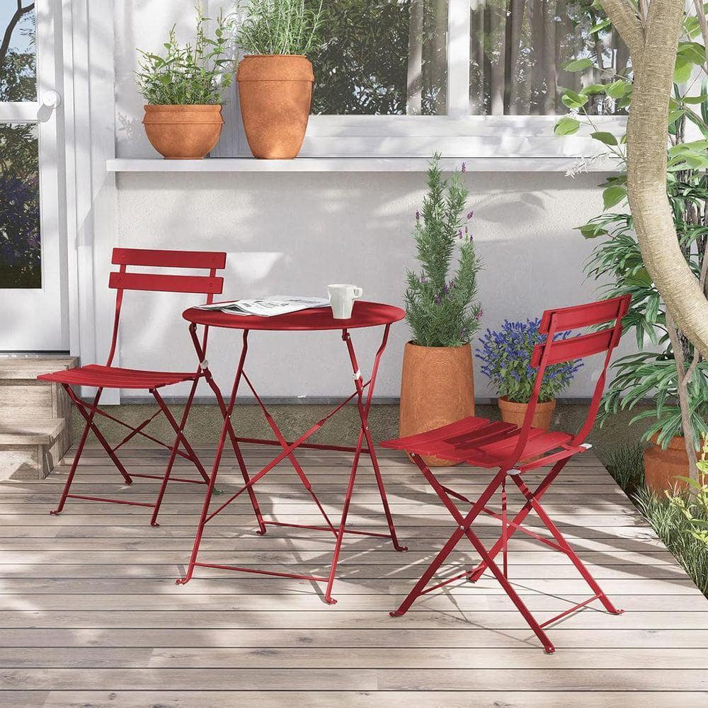 赤白　テーブル Red 3-Piece Metal Outdoor Bistro Set with White Cushion Z0B2QX78PY