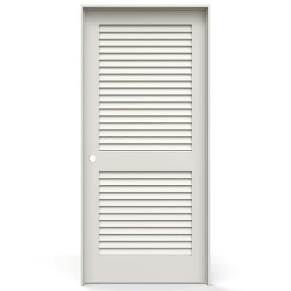 36 in. x 80 in. 2 Panel Louver Right-Handed Solid Core Primed Wood Single Prehung Interior Door w/ Satin Nickel Hinges