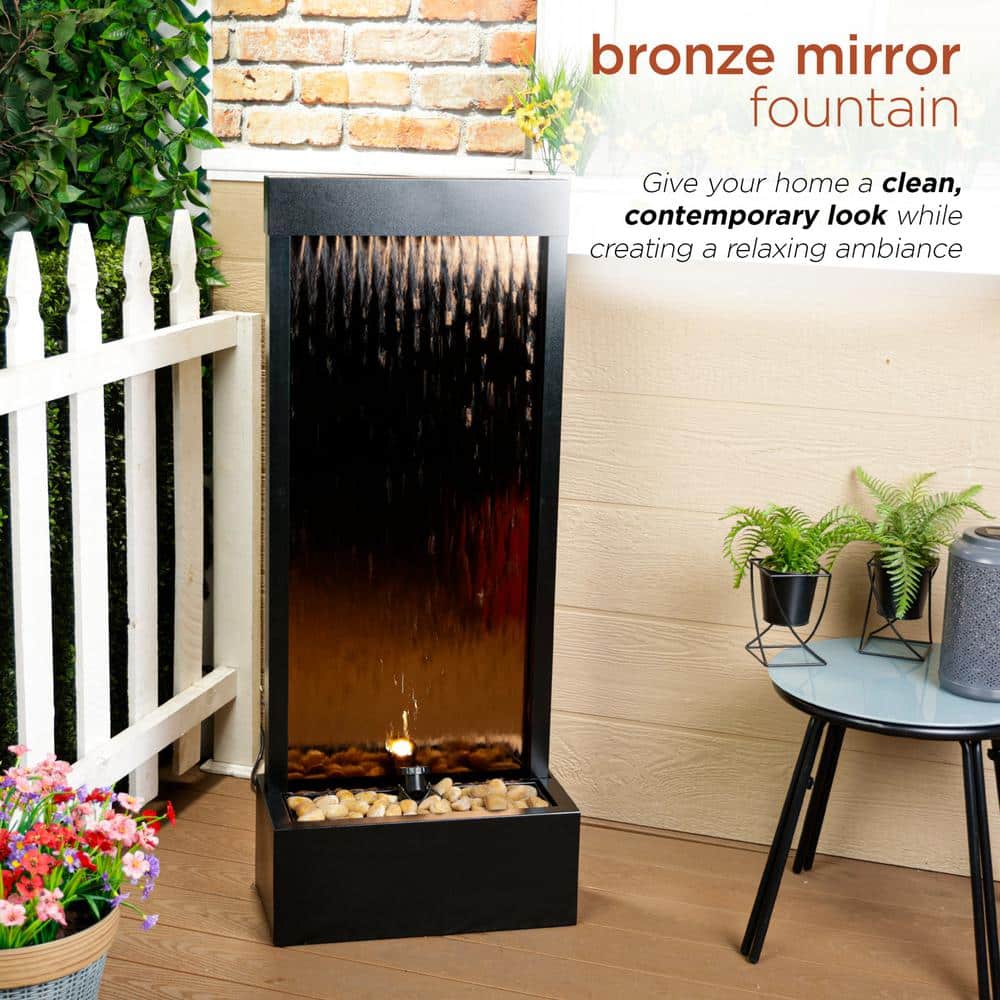 Bronze Mirror Waterfall Fountain with Stones and Lights, 48" Tall