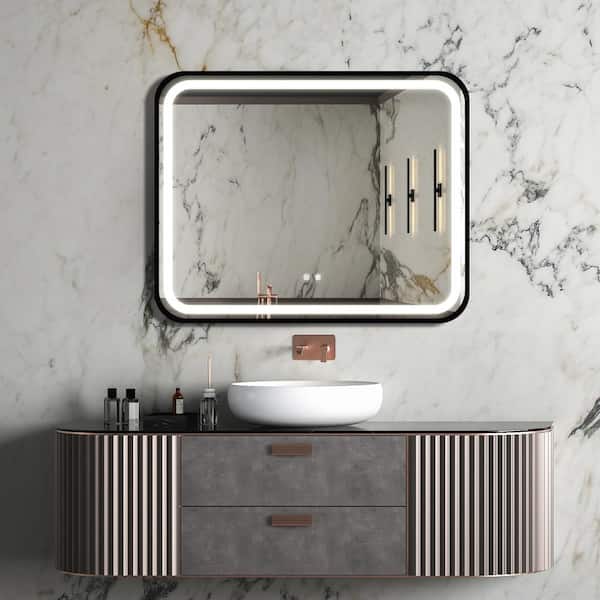 Cesicia 40 in. W x 32 in. H Black Framed Rectangular Anti-Fog LED Light Bathroom Vanity Mirror, Wall Switch Control
