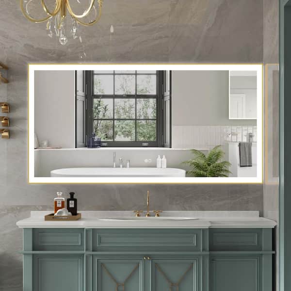 WELLFOR RECA 60 in. W x 28 in. H Rectangular Single Aluminum Framed Anti-Fog LED Light Wall Bathroom Vanity Mirror in Gold