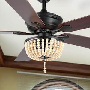 Erin 52 in. 3-Light Black/Light Brown Rustic Farmhouse Iron/Wood Bead Mobile-App/Remote LED Indoor Ceiling Fan
