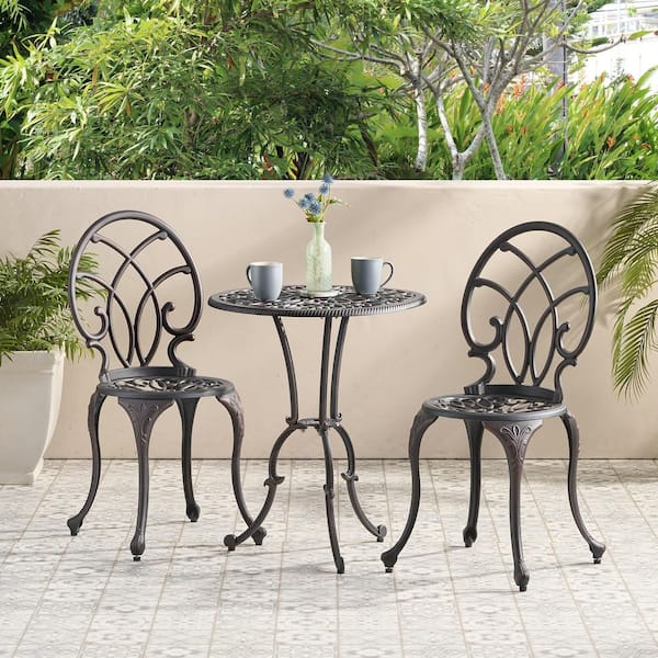 3-Piece Copper Cast Aluminum Outdoor Bistro Set with Two Chairs, One Table & Standard 2 in. Umbrella Hole for Garden