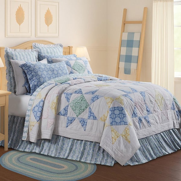 Jolie Cream Blue Green Farmhouse Twin Cotton Quilt