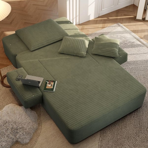 Green Plush Corduroy Convertible Chaise Lounge Sleeper Sofa Bed with Foam and Spring Support, No Assembly Required