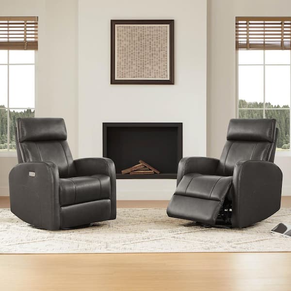 Monroe Charcoal Genuine Leather Power Swivel Glider Recliner Chair with Double Layer Backrest for Living Room (Set of 2)