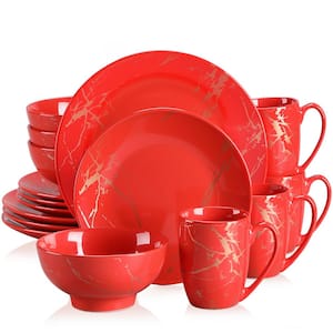 Sweet 16-Piece Red Porcelain Splash of Gold Dinnerware Set (Service for 4)