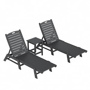 Laguna Gray 3-Piece All Weather Fade Proof HDPE Plastic Outdoor Patio Reclining Chaise Lounge Chairs with Side Table Set