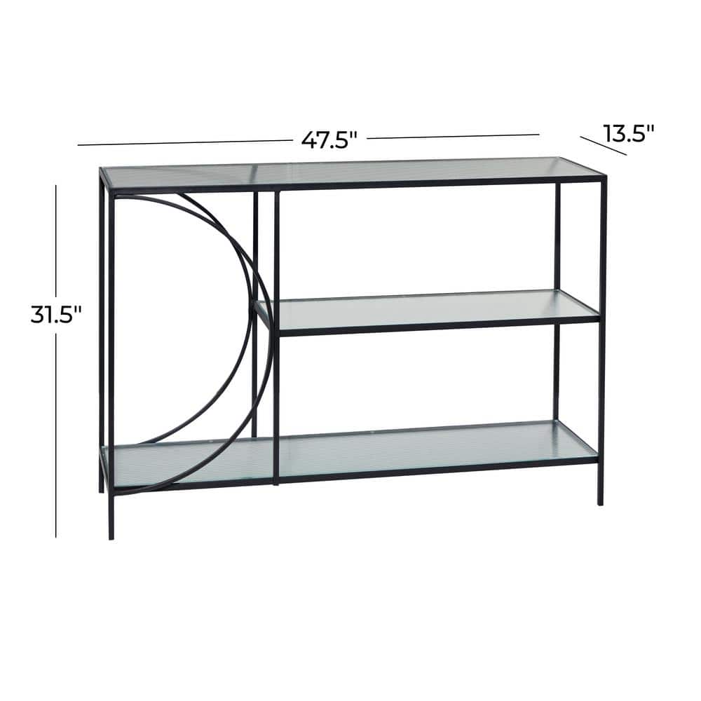 Black Metal and Glass Industrial Console Table with Storage Shelves