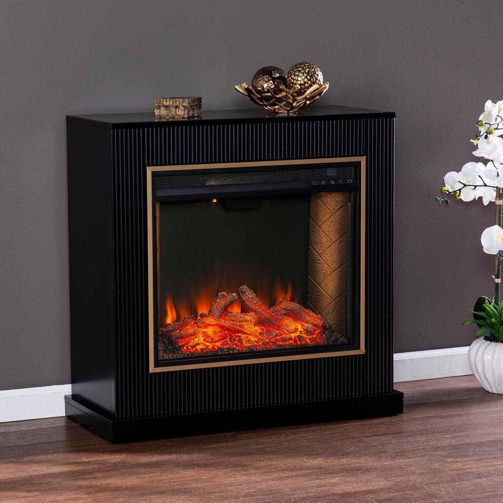 Southern Enterprises Dosten 33.25 in. Smart Electric Fireplace in Black with  Gold Trim HD053578 The Home Depot