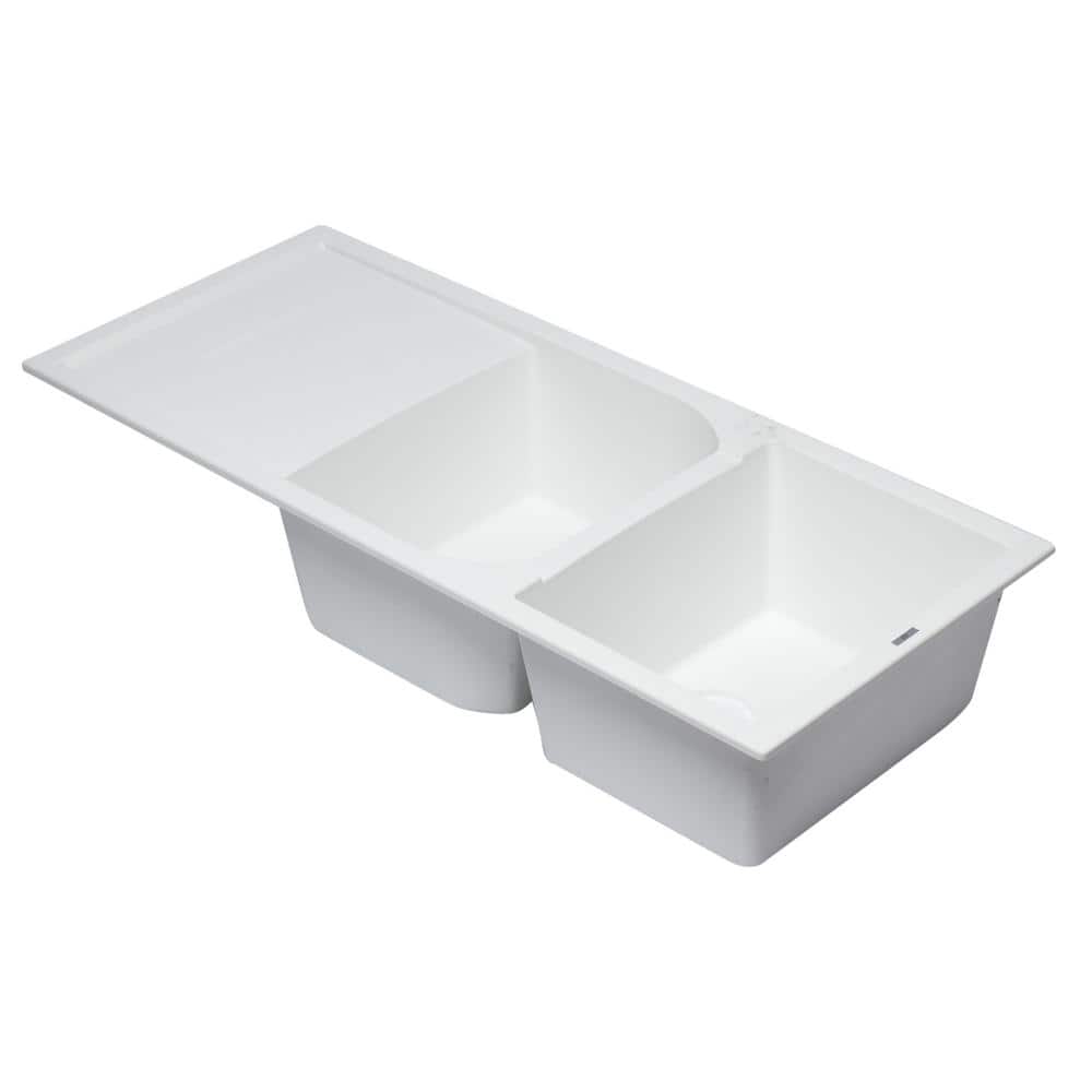 White 46'' Double Bowl Granite Drop-In Kitchen Sink with Drainboard
