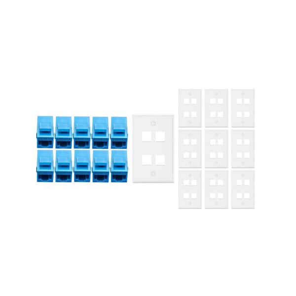 10-Pack 1-Gang White Keystone Plastic Wall Plate 4-Port & 10 Cat 6A RJ45 Keystone Inline Couplers Blue