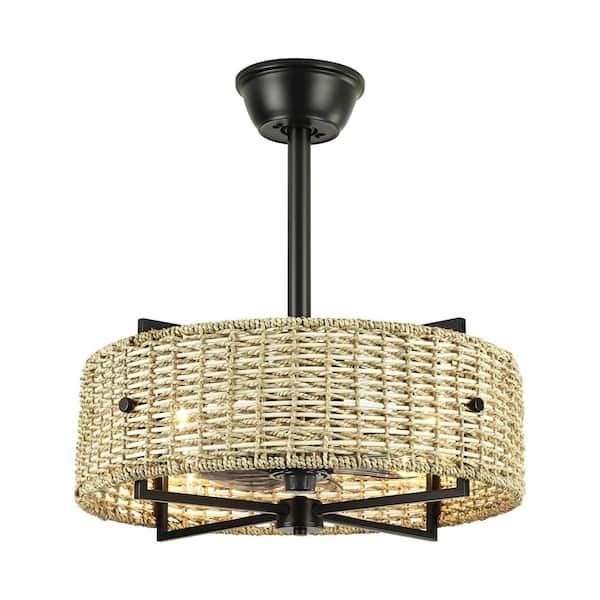 Haywa 19.3 in. W 4-Light Modern Boho Bamboo Rattan Drum Indoor Ceiling Fan with Remote Control
