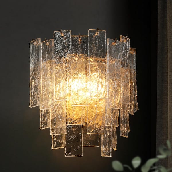 Glacia Luxury 14 in. 2-Light Brass Gold Wall Sconce with Handmade Glacier Crystal Glass for Living Room and Bedroom