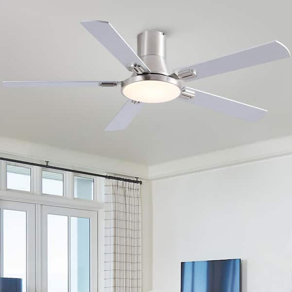 Thalion 52 in. Indoor/Outdoor Brushed Nickel Integrated LED Flush Mount Ceiling Fan with Remote and Dual-Finish Blades