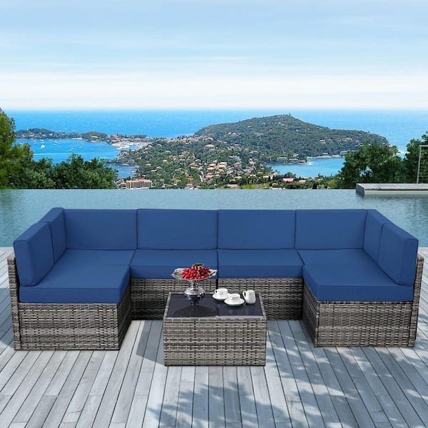 7-Piece Gray Wicker Outdoor Sofa Sectional Set Conversation Sets with Dark Blue Cushions