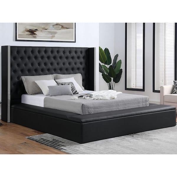 Furniture of America Demartin Black Faux Leather Wood Frame Queen Platform Bed with 3-Storage Bench and Care Kit